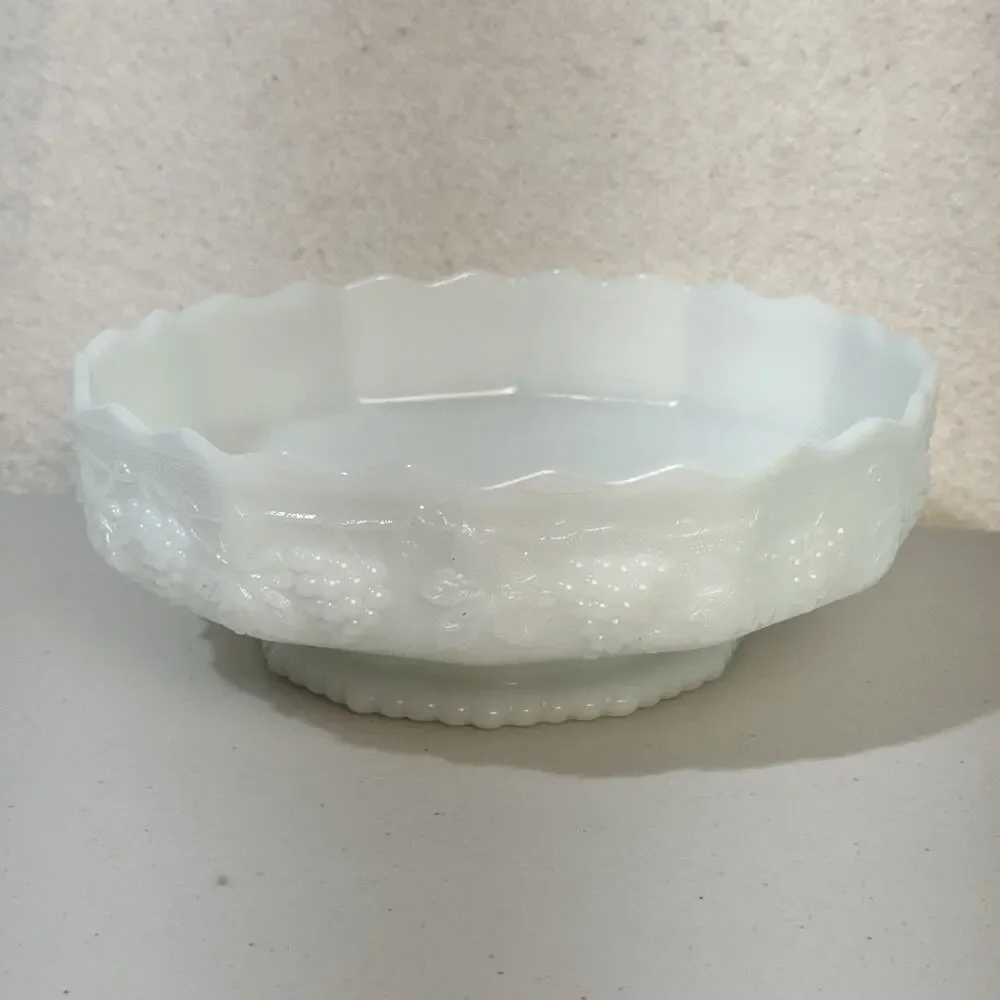 Anchor Hocking Fire King White Milk Glass Harvest Grapevine Footed Fruit Bowl